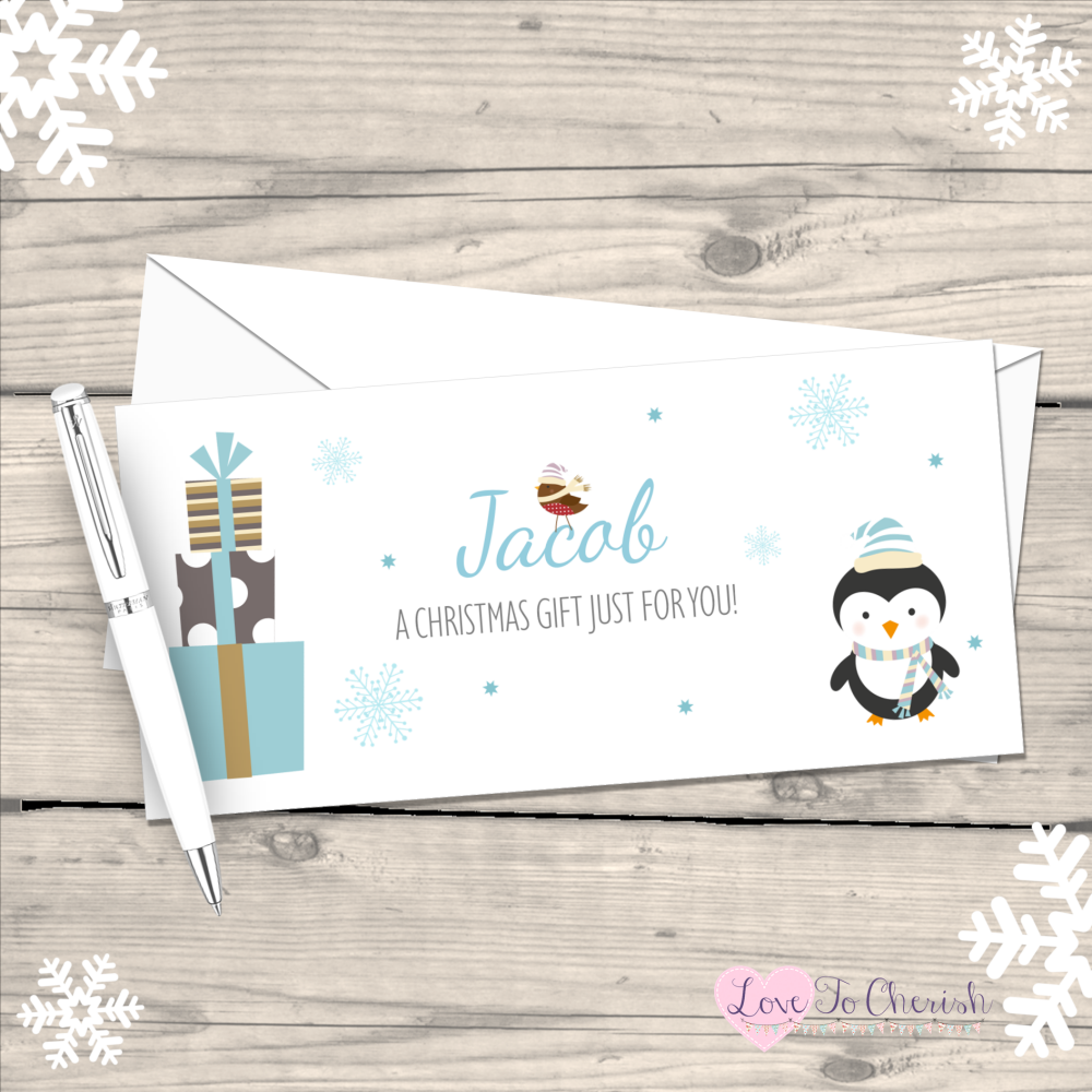Blue Penguin Personalised Christmas Money / Gift Wallet