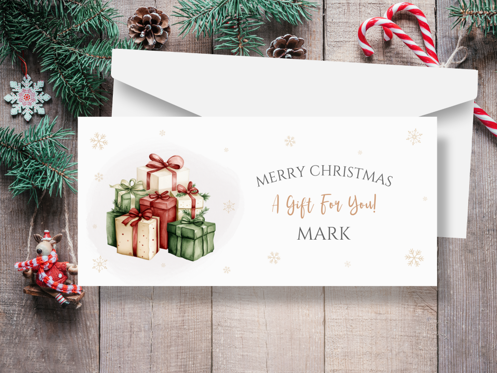 Red & Green Presents Tree Personalised Christmas Money / Gift Wallet