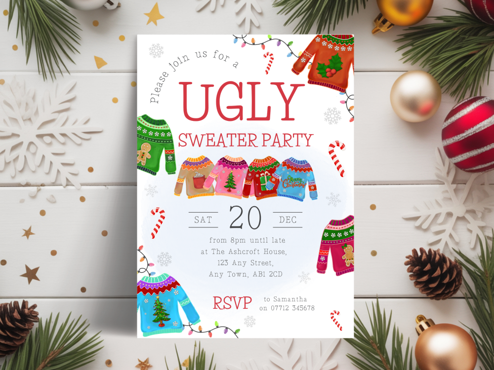 Kid's Ugly Sweater Christmas Party Invitations<br>DIGITAL or PRINTED