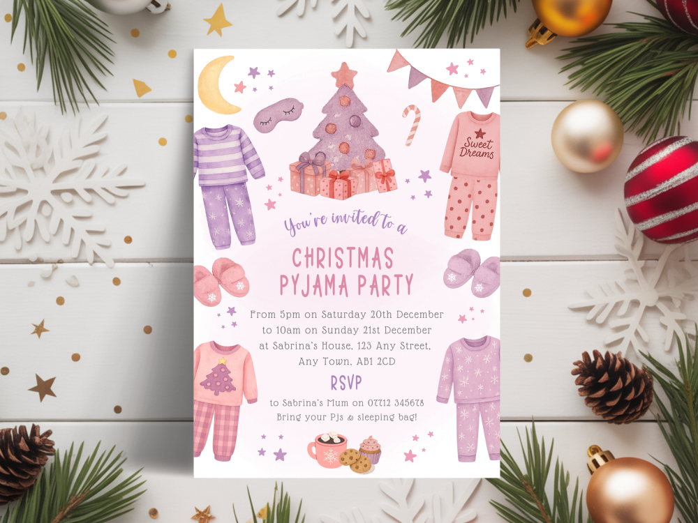 Pink Christmas Pyjama Party Invitations<br>DIGITAL or PRINTED