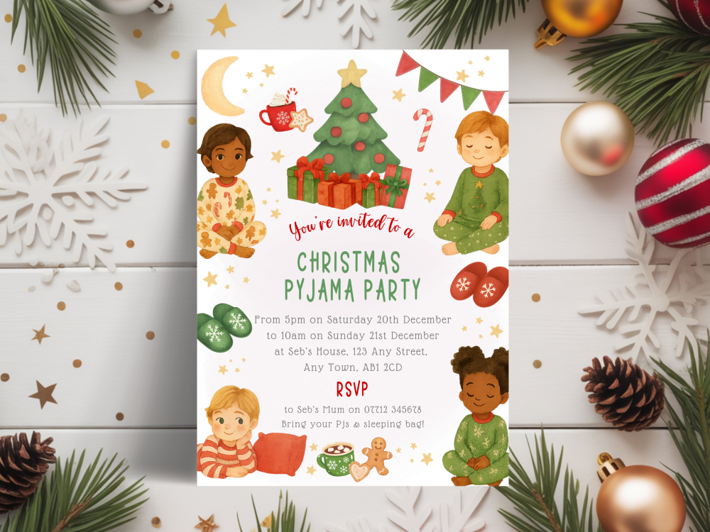 Boy's Red & Green Christmas Pyjama Party Invitations<br>DIGITAL or PRINTED