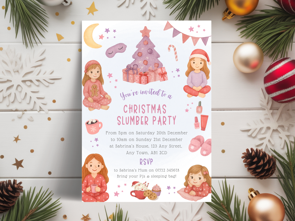 Girl's Pink Christmas Slumber/Sleepover Party Invitations<br>DIGITAL or PRI