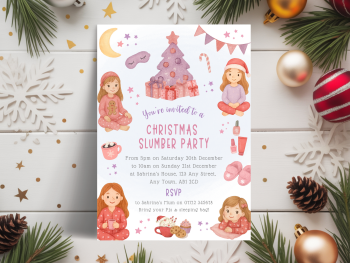 Girl's Pink Christmas Slumber/Sleepover Party InvitationsDIGITAL or PRINTED