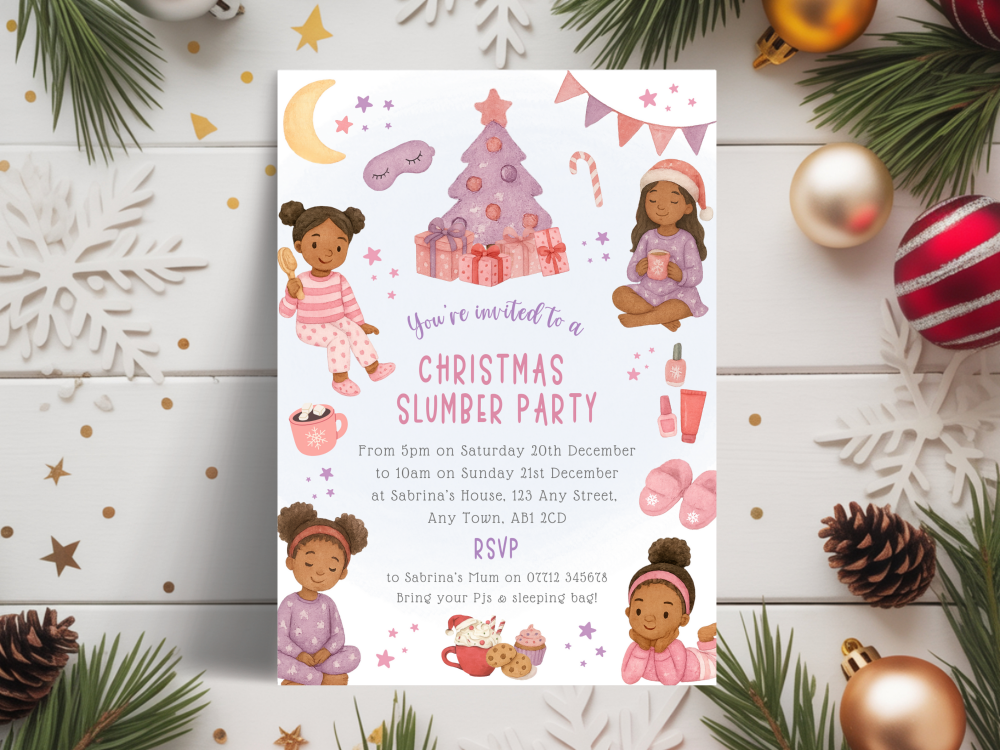 Girl's Pink Christmas Slumber Party InvitesDIGITAL or PRINTED