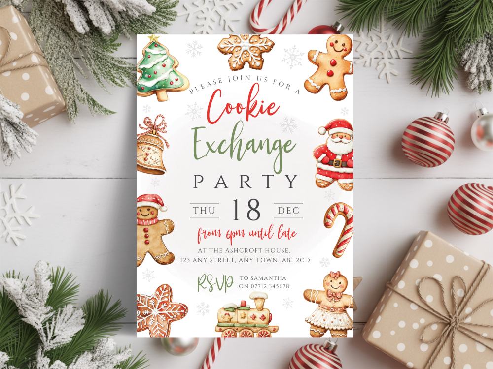 Red & Green Cookie Exchange Christmas Party InvitationsDIGITAL or PRINTED
