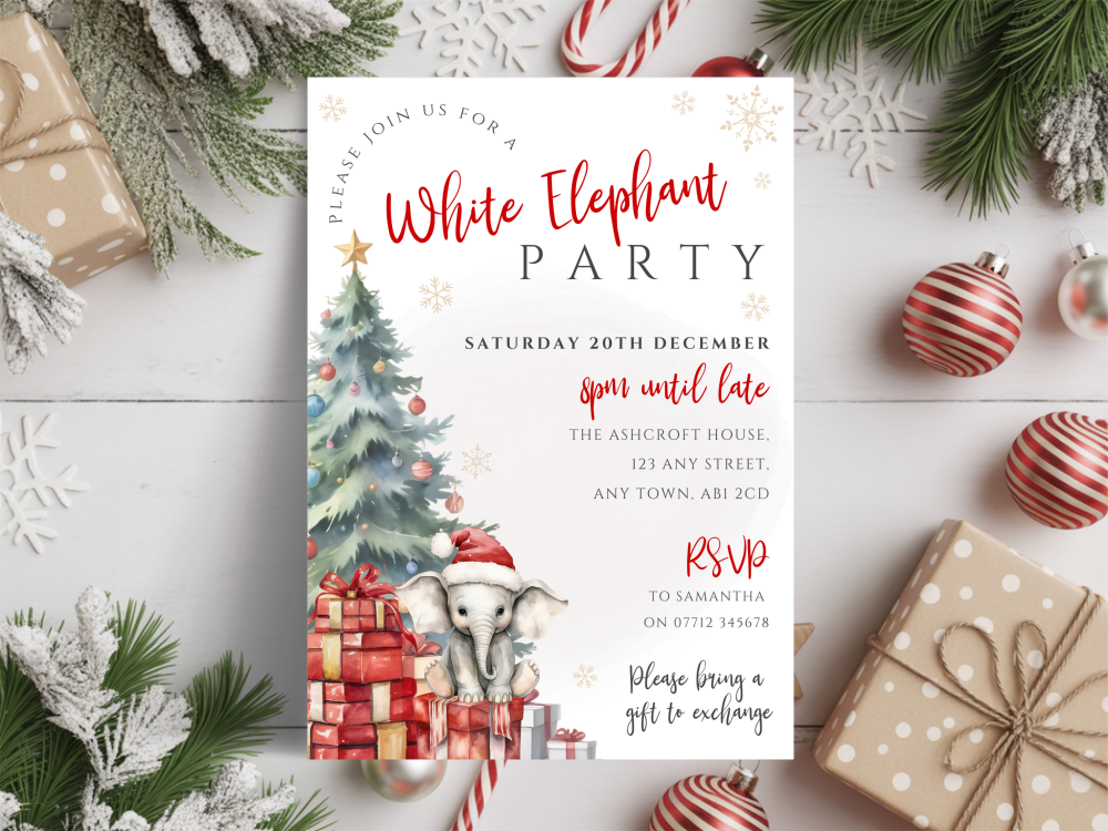 White Elephant Gift Exchange Christmas Party InvitationsDIGITAL or PRINTED