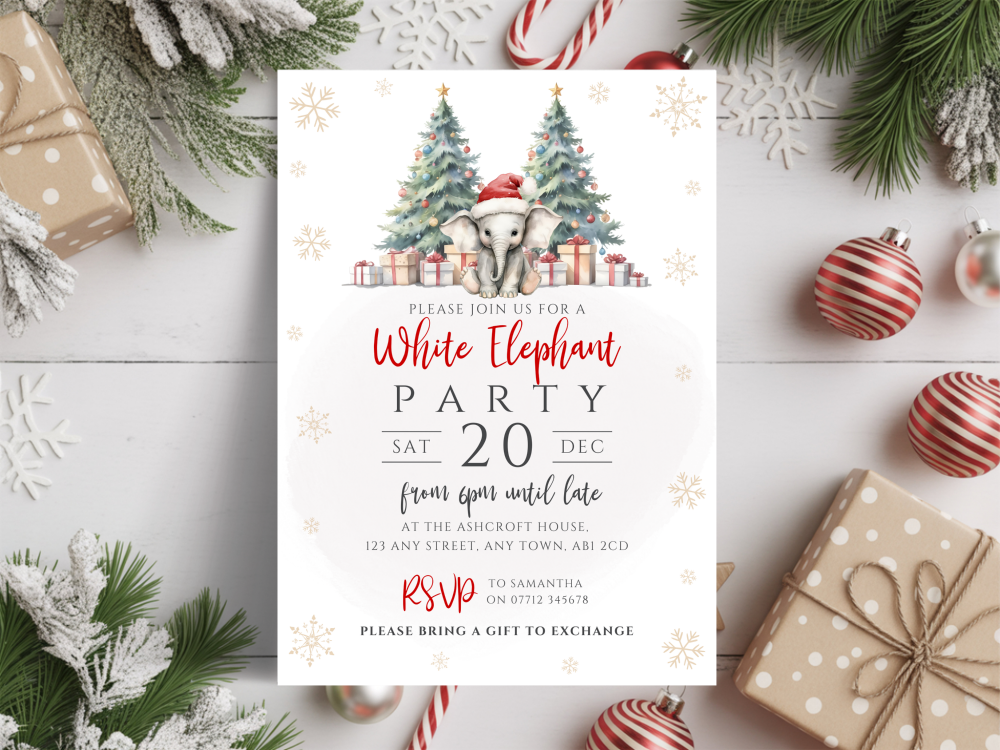 White Elephant Gift Swap Christmas Party Invitations<br>DIGITAL or PRINTED