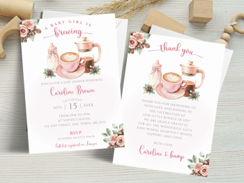 A Baby Girl Is Brewing Pink Coffee Theme Baby Shower Personalised Invitations and Thank You Cards  from &pound;4.45