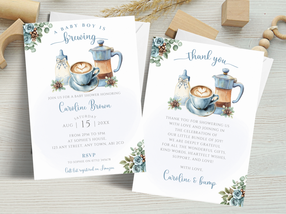 A Baby Boy Is Brewing Blue Coffee Theme Baby Shower Personalised Invitations and Thank You Cards  from &pound;4.45