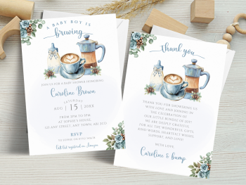 A Baby Boy Is Brewing Blue Coffee Theme Baby Shower Personalised Invitations and Thank You Cards  from &pound;4.45