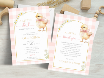 A Little Chick Is About To Hatch - Pink Gingham Theme Baby Shower Personalised Invitations and Thank You Cards  from &pound;4.45