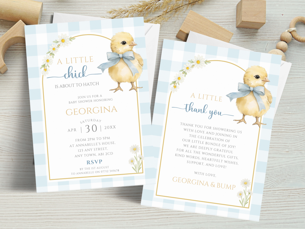 A Little Chick Is About To Hatch - Blue Gingham Theme Baby Shower Personalised Invitations and Thank You Cards  from &pound;4.45