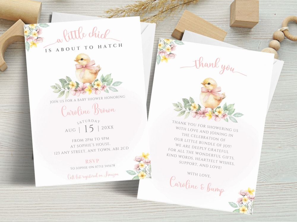 A Little Chick Is About To Hatch - Pink Spring Theme Baby Shower Personalised Invitations and Thank You Cards  from &pound;4.45