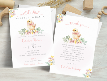 A Little Chick Is About To Hatch - Pink Spring Theme Baby Shower Personalised Invitations and Thank You Cards  from &pound;4.45