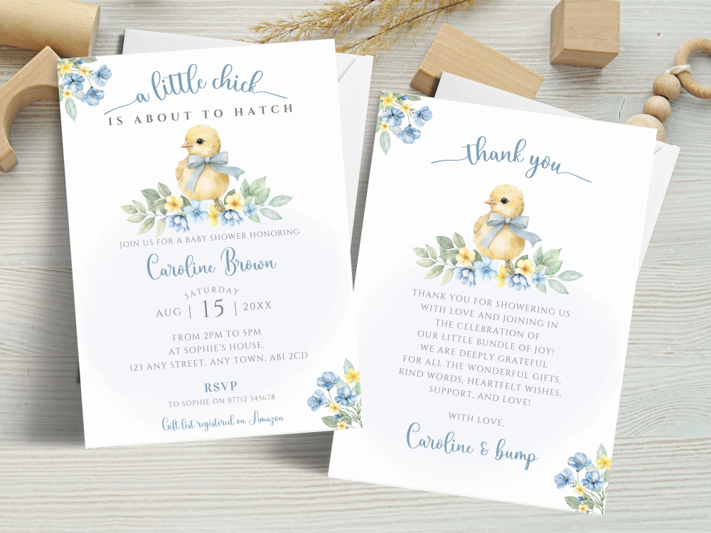A Little Chick Is About To Hatch - Blue Spring Theme Baby Shower Personalised Invitations and Thank You Cards  from &pound;4.45