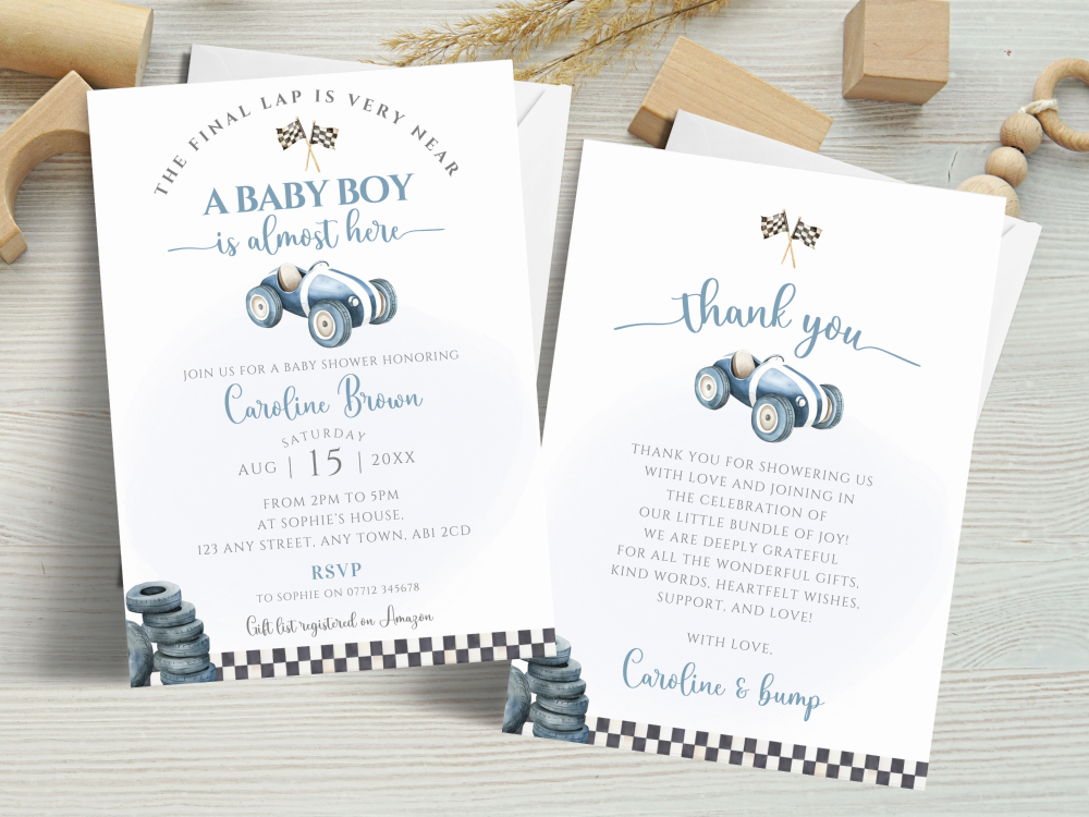 The Final Lap Is Very Near A Baby Boy Is Almost Here - Blue Little Racer Theme Baby Shower Personalised Invites and Thank You Cards  from &pound;4.45