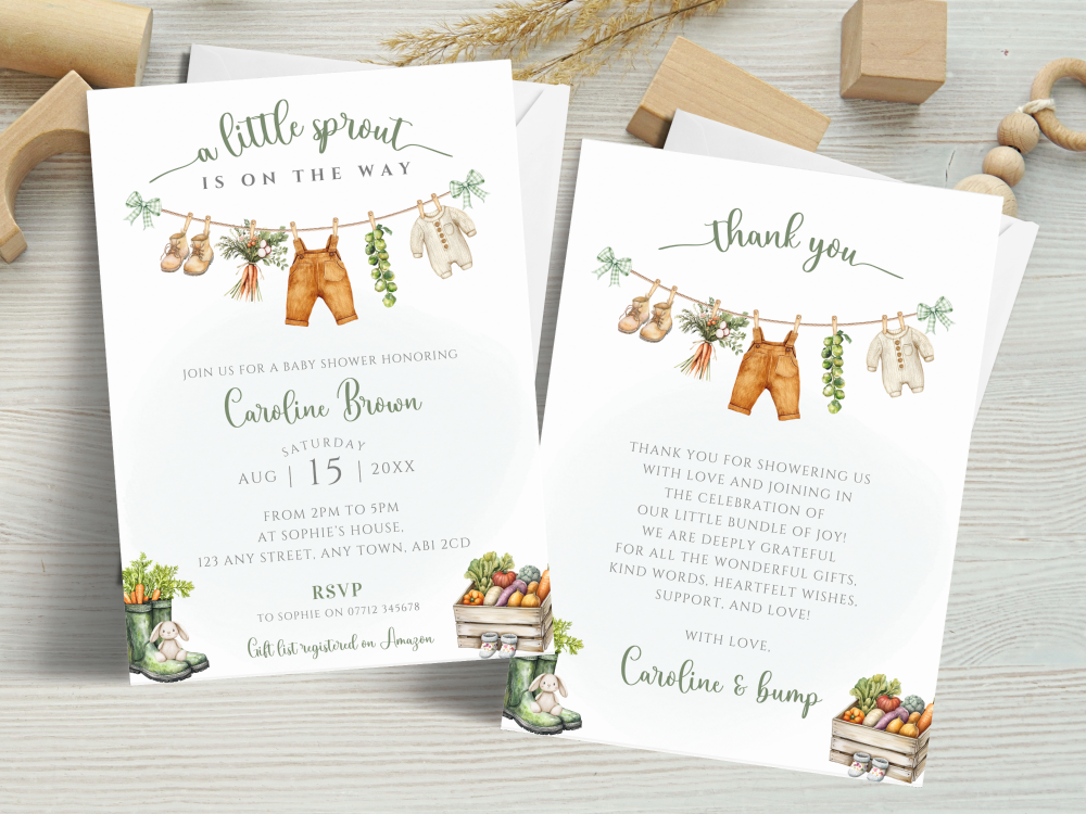 A Little Sprout Is Almost Here - Locally Grown Vegetables Theme Baby Shower Personalised Invitations and Thank You Cards  from &pound;4.45