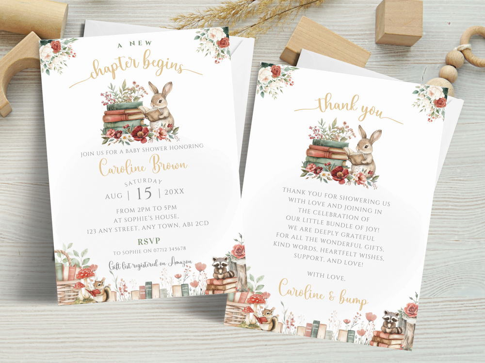 A New Chapter Begins - Woodland Storybook Theme Baby Shower Personalised Invitations and Thank You Cards  from &pound;4.45