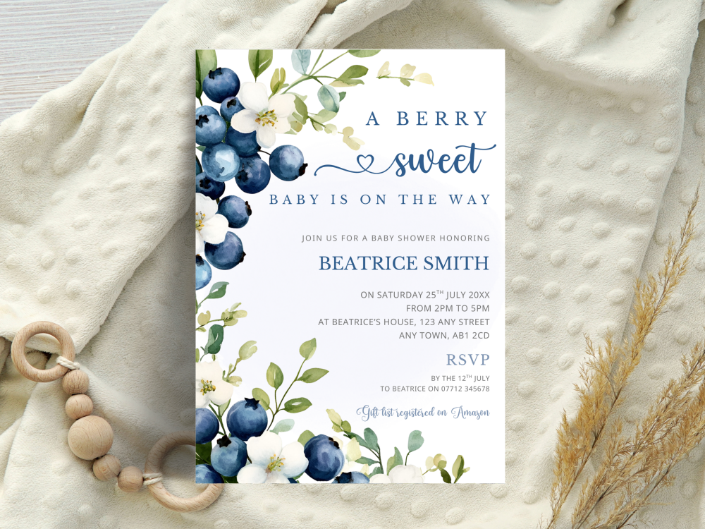 A Berry Sweet Baby Is On The Way - Blueberry Baby Shower Personalised Invitations from &pound;4.45