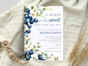 A Berry Sweet Baby Is On The Way - Blueberry Baby Shower Personalised Invitations from &pound;4.45