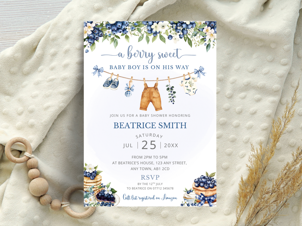 A Berry Sweet Baby Is On His Way - Boy's Blueberry Theme Baby Shower Personalised Invitations from &pound;4.45