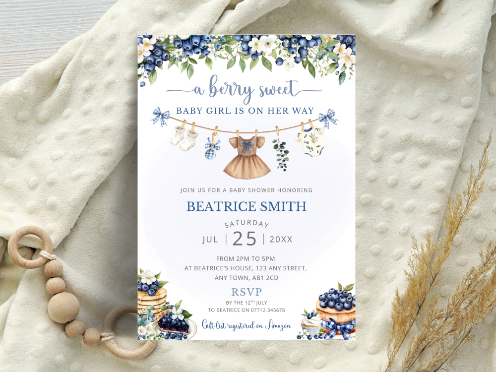 A Berry Sweet Baby Is On Her Way - Girl's Blueberry Theme Baby Shower Personalised Invitations from &pound;4.45