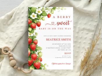 A Berry Sweet Baby Is On The Way - Strawberry Baby Shower Personalised Invitations from &pound;4.45