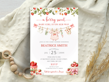A Berry Sweet Baby Is On Her Way - Girl's Strawberry Theme Baby Shower Personalised Invitations from &pound;4.45