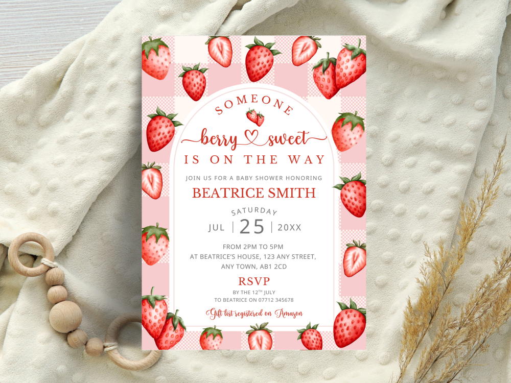 Someone Berry Sweet Is On The Way - Strawberry Unisex Baby Shower Personalised Invitations from &pound;4.45
