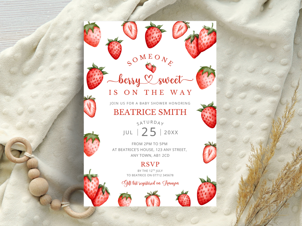 Someone Berry Sweet Is On The Way - Strawberry Boy or Girl Baby Shower Personalised Invitations from &pound;4.45