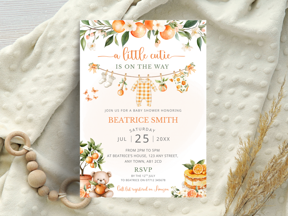A Little Cutie Is On His Way - Boy's Citrus Orange Theme Baby Shower Personalised Invitations from &pound;4.45