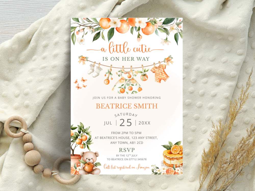 A Little Cutie Is On Her Way - Girl's Citrus Orange Theme Baby Shower Personalised Invitations from &pound;4.45