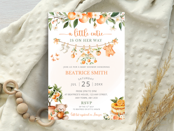 A Little Cutie Is On Her Way - Girl's Citrus Orange Theme Baby Shower Personalised Invitations from &pound;4.45