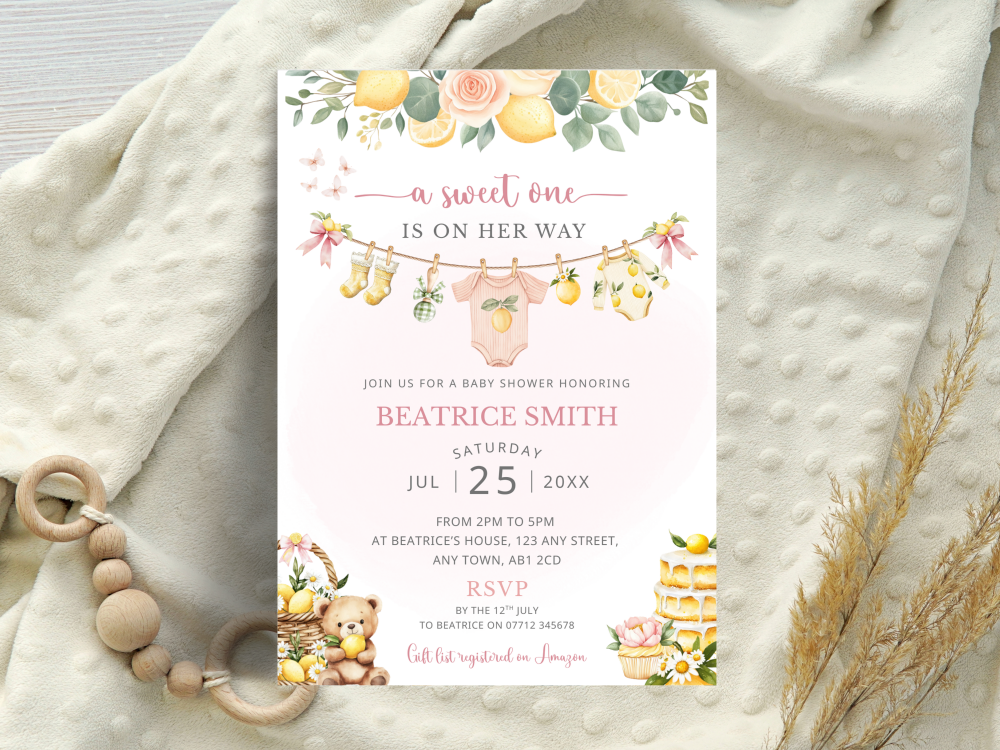 A Sweet One Is On Her Way - Girl's Citrus Lemon Theme Baby Shower Personalised Invitations from &pound;4.45