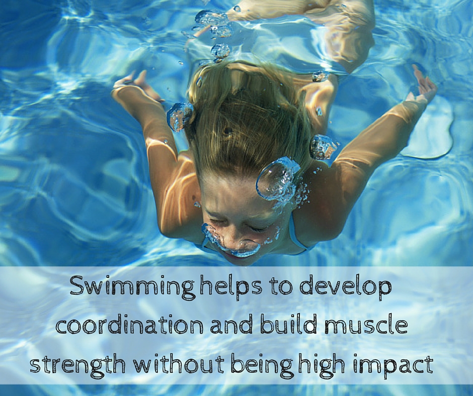 Swimming helps to develop coordination and build muscle strength without be