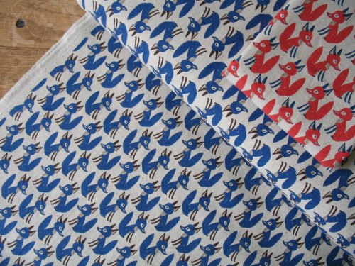 Hokkoh Japanese Sly foxes in blue on linen mix 