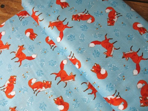 Robert Kaufman Forest Fellows shy fox on blue