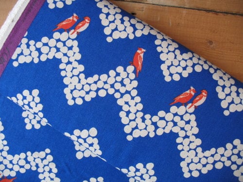 Echino Japan landscape birds on blue - linen mix