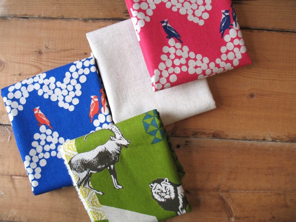 Echino Japan landscape birds on blue - linen mix