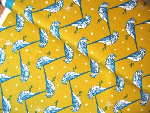Echino Japan Decoro cotton sateen blue birds on mustard