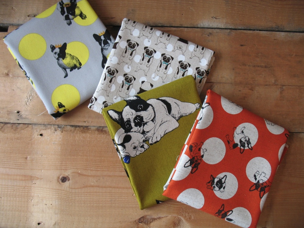 Japanese - French bulldogs playing on spots in red 