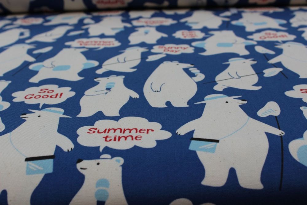 Summer vacation bears on blue heavier weight cotton 
