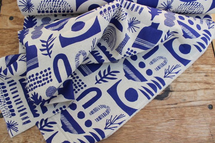 Kokka Japanese leaves and pots in blue