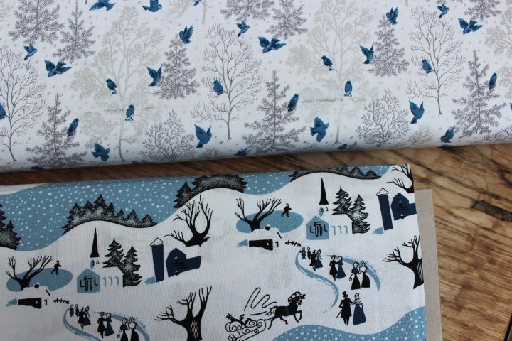 Freespirit fabrics Mid - Century Christmas, winter village in blue