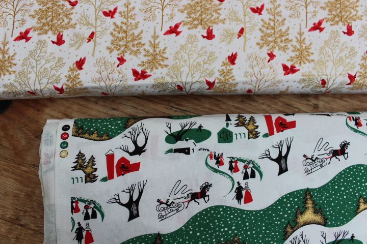 Freespirit fabrics Mid - Century Christmas, snowbirds on gold