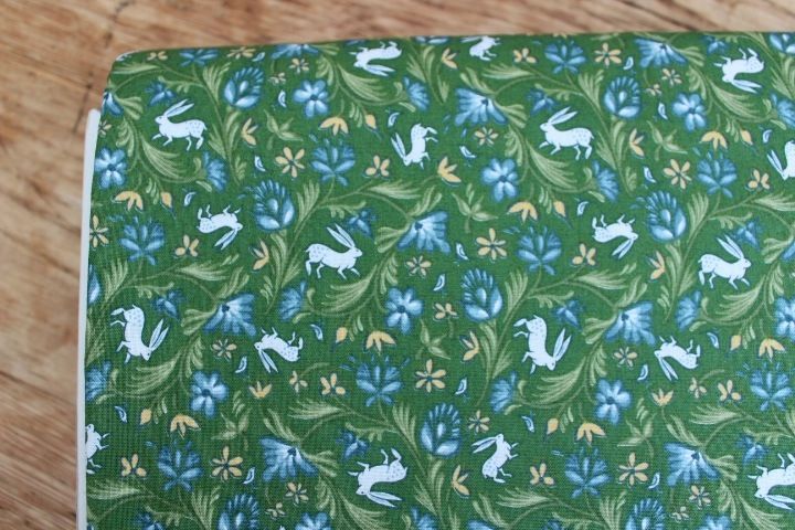 Freespirit fabrics Miss Mustard Seed - Bunnies, Birds & Blooms - Wild Hare - on green 