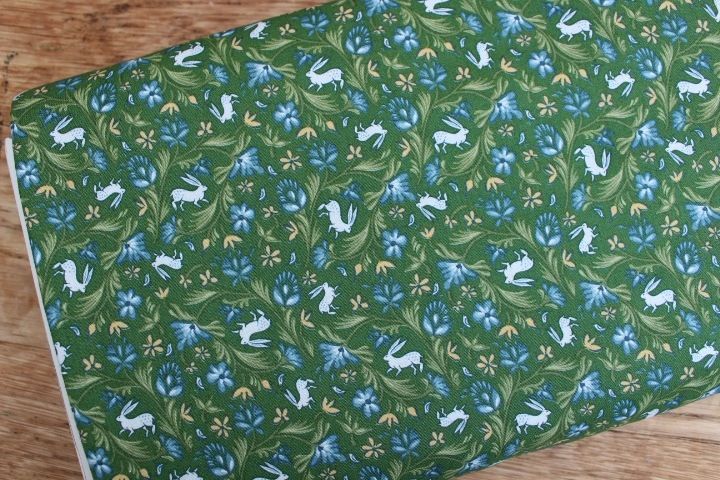 Freespirit fabrics Miss Mustard Seed - Bunnies, Birds & Blooms - Wild Hare - on green 