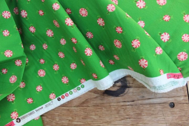 Heather Ross Sugarplum peppermints on green FLANNEL