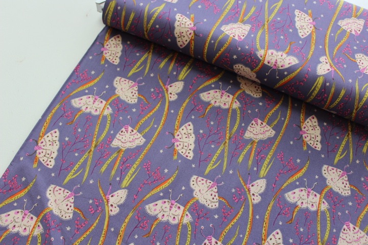 Heather Ross 20th Anniversary moths on purple