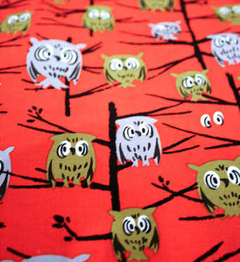 Tammis Keefe Owls in tree on red